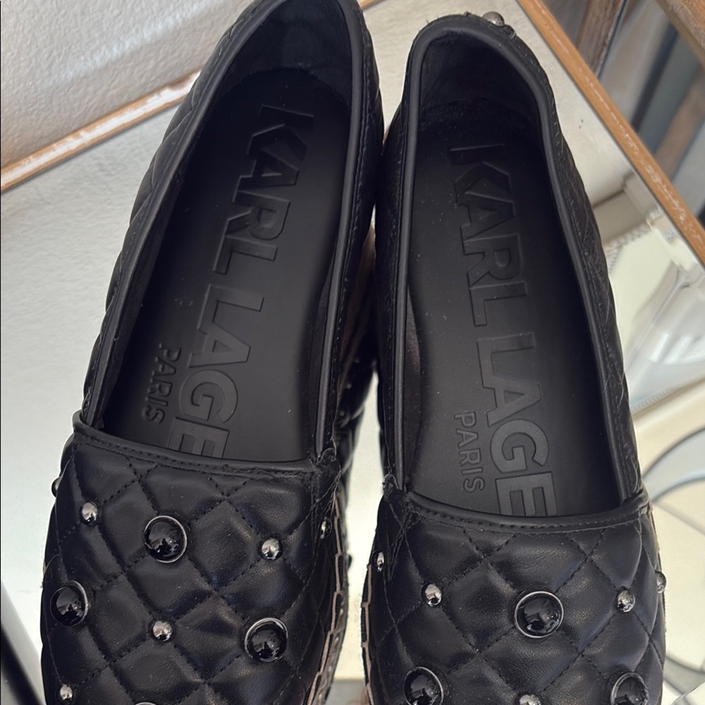 ⚜️Karl Lagerfeld Black Quilted Studded Espadrille Platform Flats - Picture 2 of 7